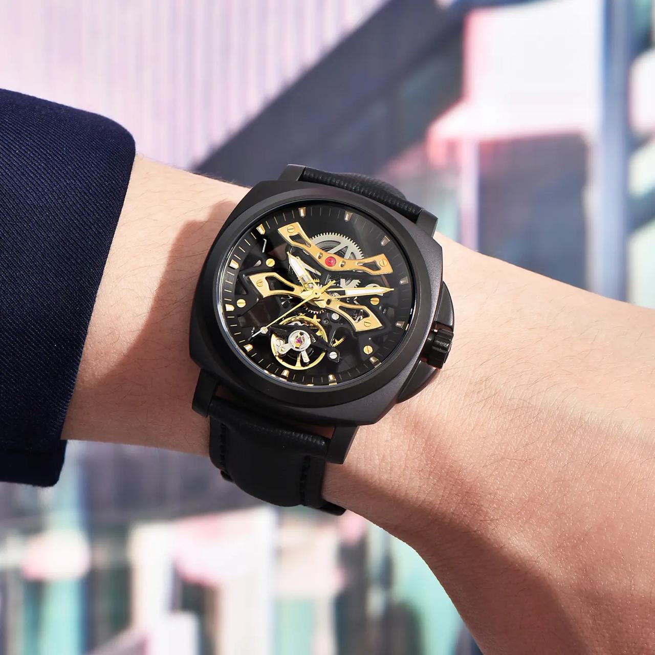 PAGANI DESIGN PD-YS017 Skeleton Automatic Watch – Black & Gold Edition