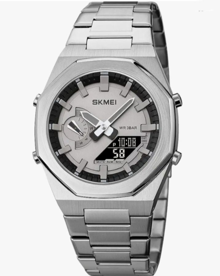 SKMEI Dual Display Stainless Steel Watch – Analog + Digital Hybrid