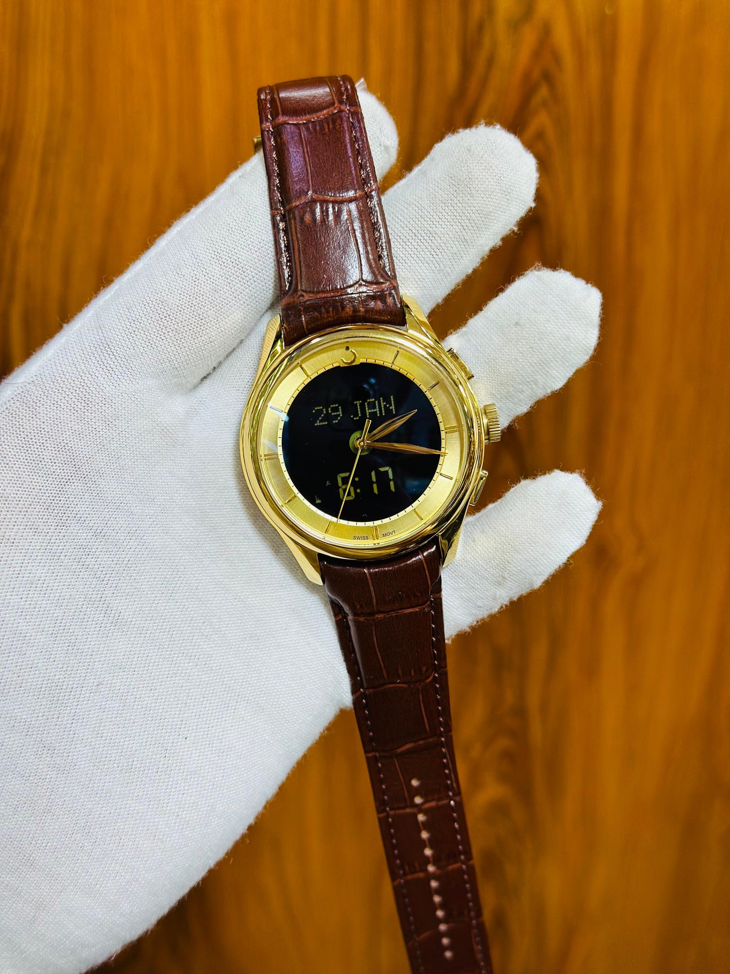 Al Fajr Brown Leather Hybrid Watch – Prayer Time & Calendar Display
