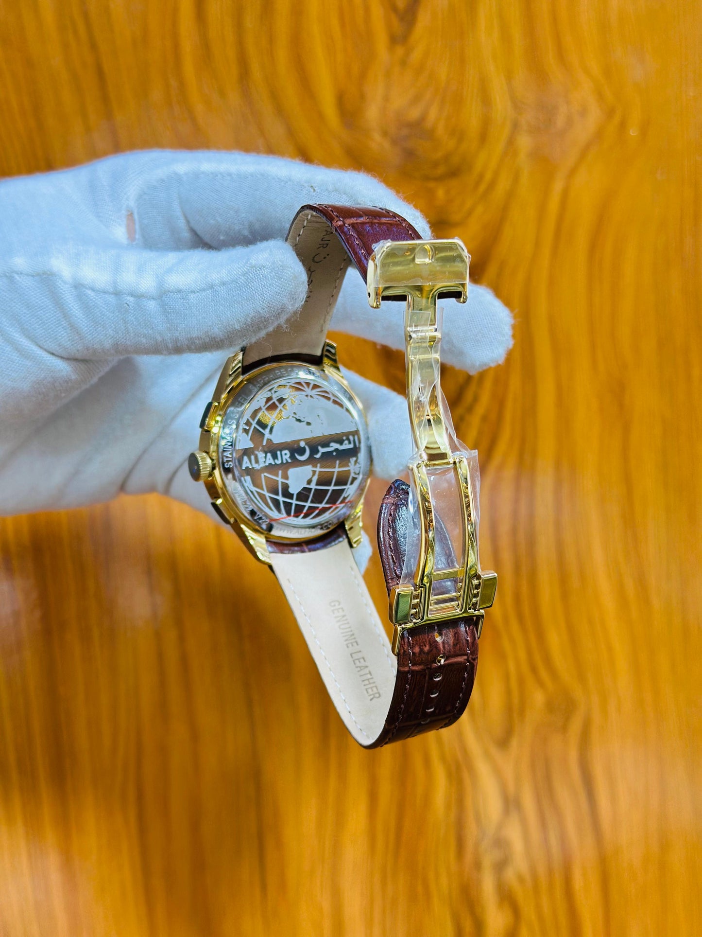 Al Fajr Brown Leather Hybrid Watch – Prayer Time & Calendar Display