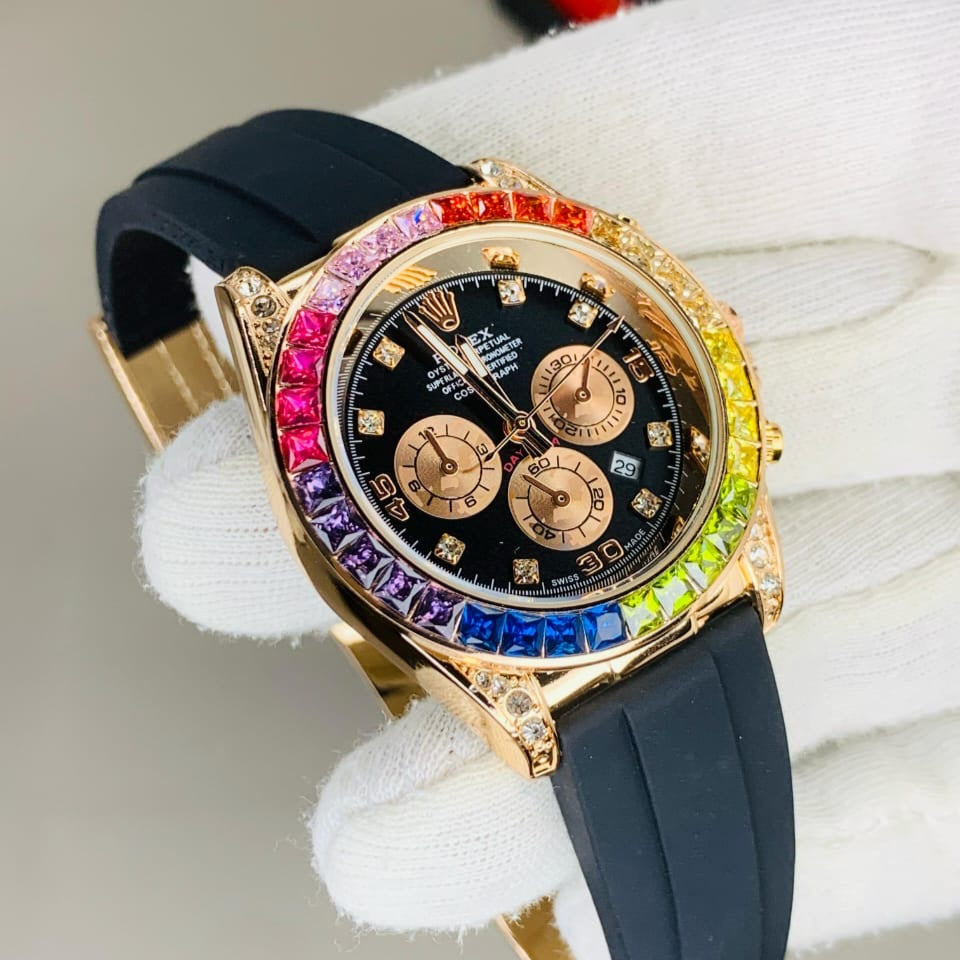 Luxury Rainbow Bezel Chronograph Watch – Rose Gold Edition