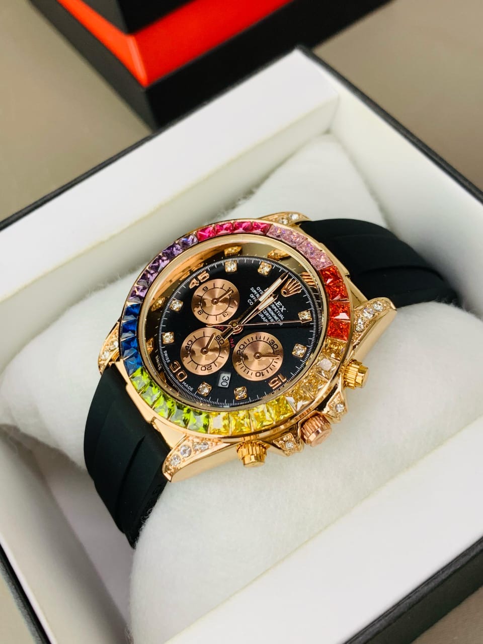 Luxury Rainbow Bezel Chronograph Watch – Rose Gold Edition