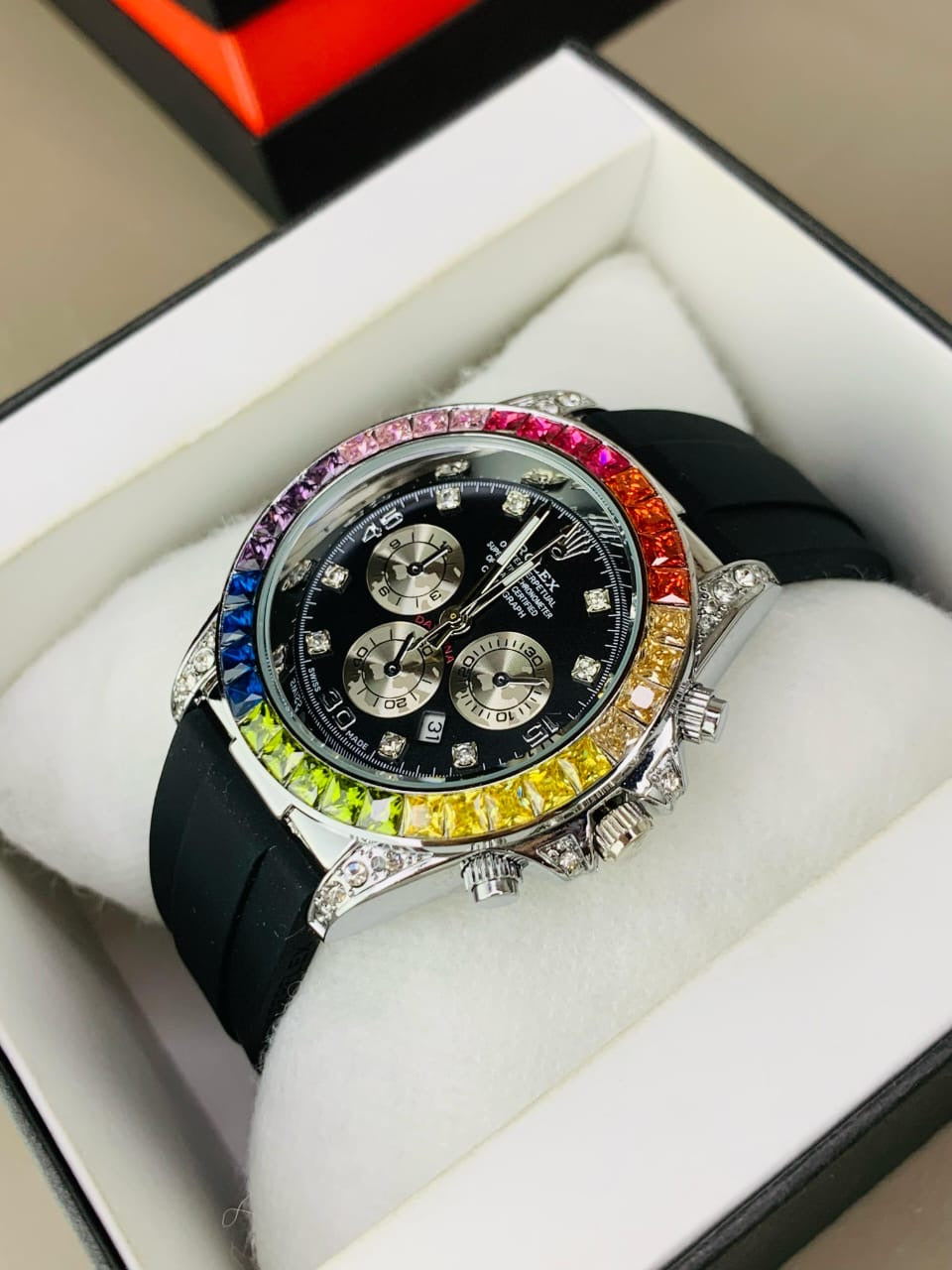 Luxury Rainbow Bezel Chronograph Watch – White Edition