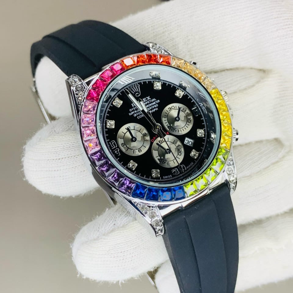 Luxury Rainbow Bezel Chronograph Watch – White Edition