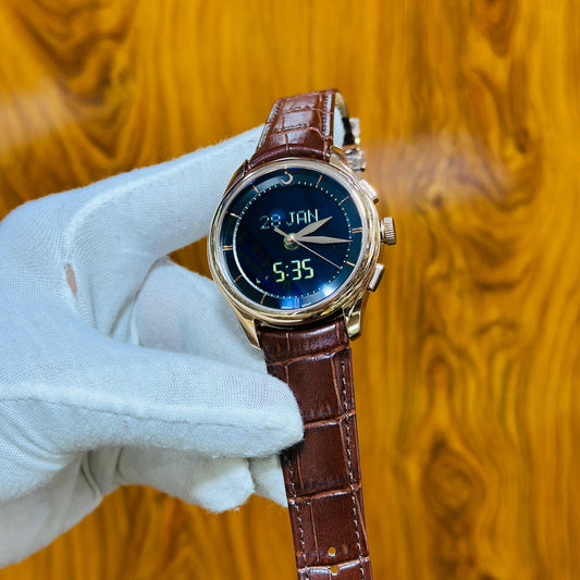 Al Fajr Brown Leather Hybrid Watch – Prayer Time & Calendar Display