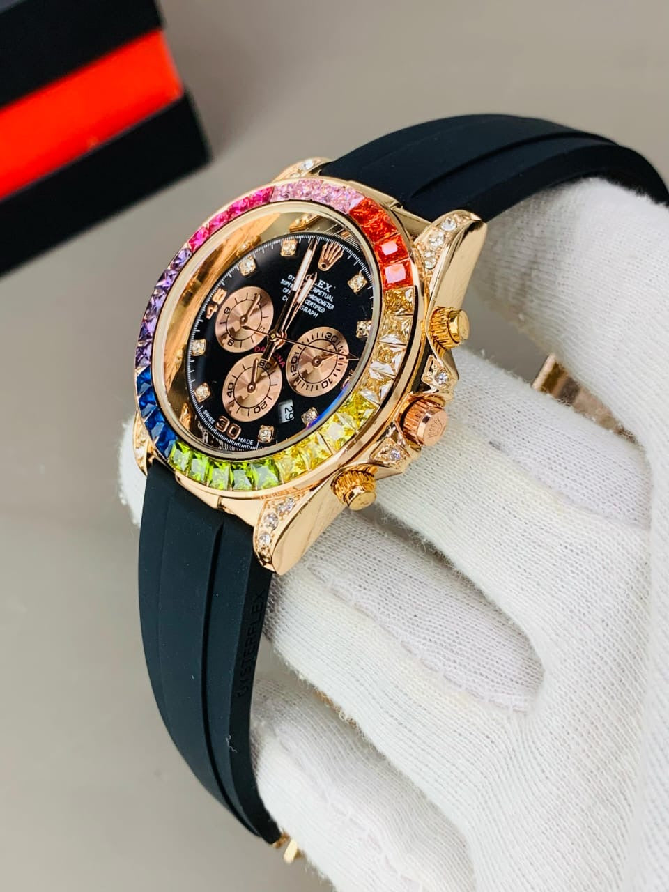 Luxury Rainbow Bezel Chronograph Watch – Rose Gold Edition