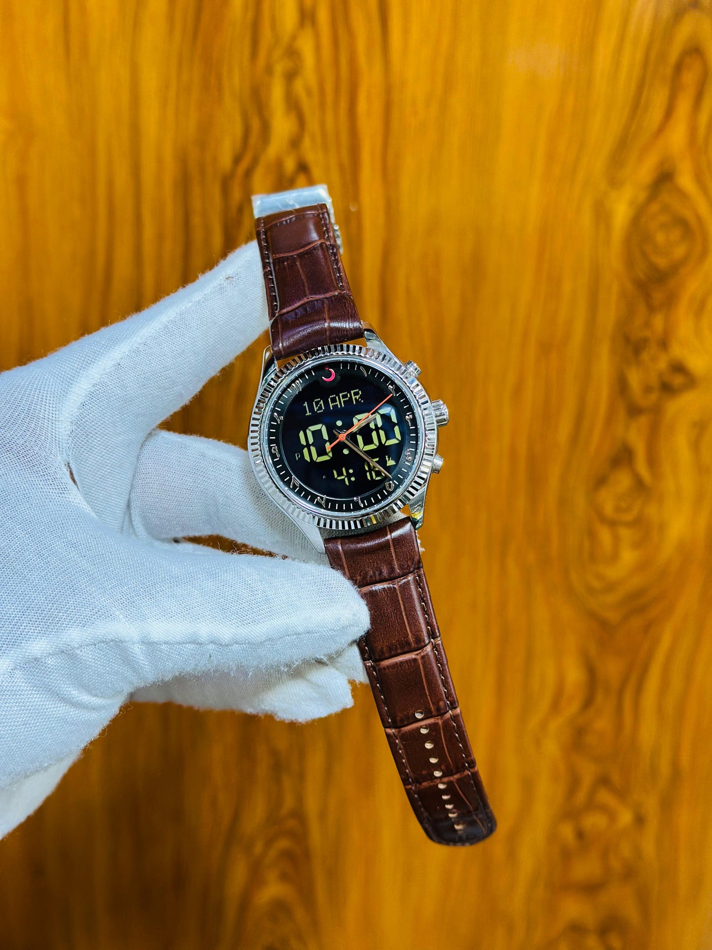 Al Fajr Brown Leather Hybrid Watch – Prayer Time & Calendar Display