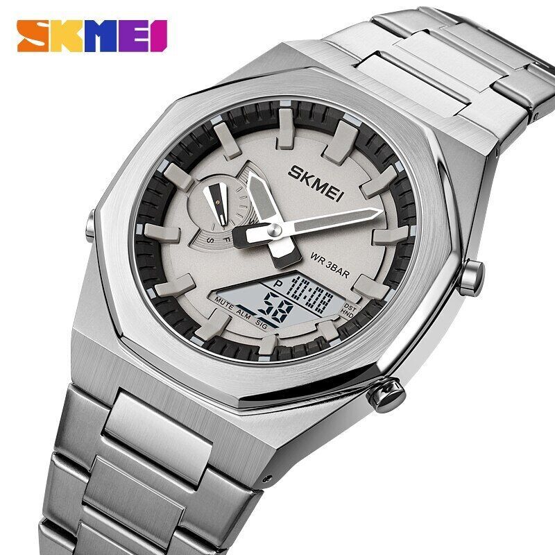 SKMEI Dual Display Stainless Steel Watch – Analog + Digital Hybrid