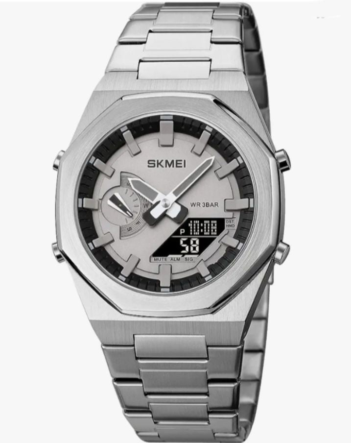 SKMEI Dual Display Stainless Steel Watch – Analog + Digital Hybrid